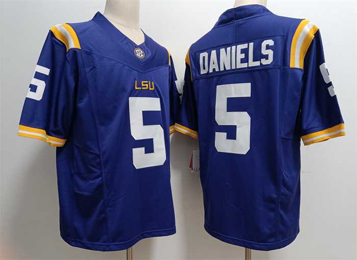 Mens LSU Tigers #5 Jayden Daniels Blue Stitched Jersey->->NCAA Jersey